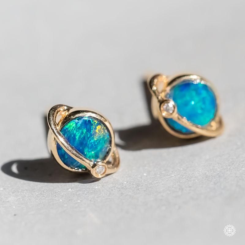 Arts and Crafts Earth Moon Design Australian Doublet Opal & Diamond Stud Earrings 18K Rose Gold For Sale