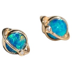 Earth Moon Design Australian Doublet Opal & Diamond Stud Earrings 18K Rose Gold