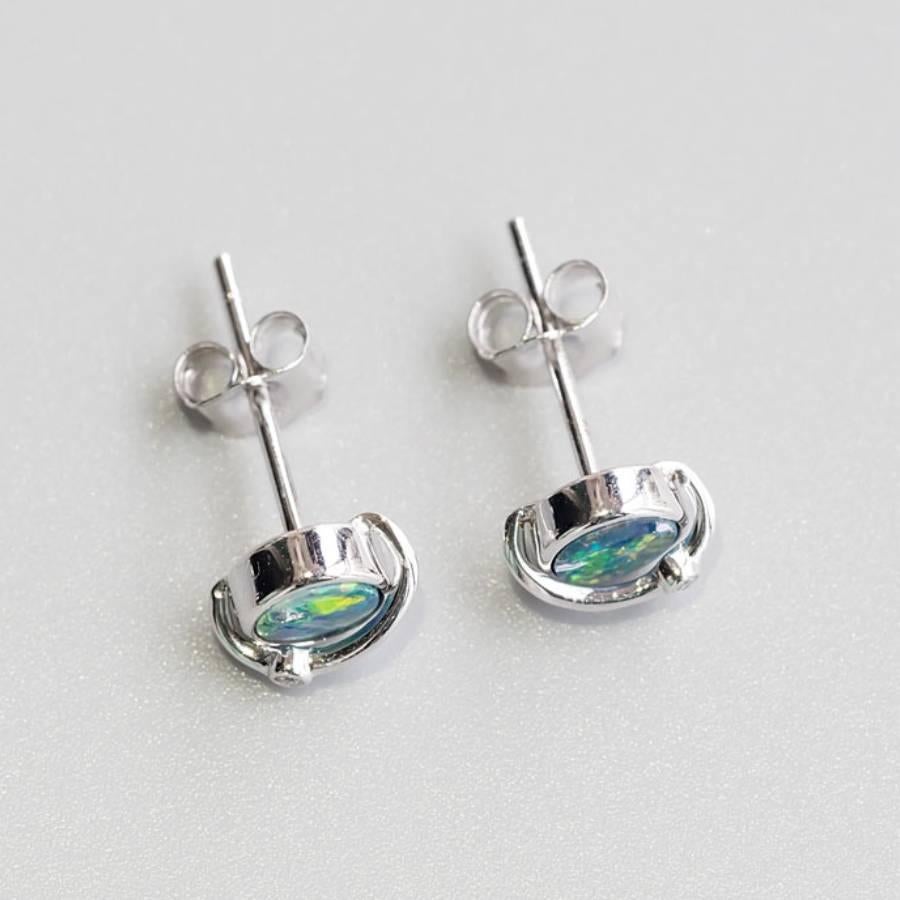 Arts and Crafts Earth Moon Design Australian Doublet Opal & Diamond Stud Earrings 18K White Gold For Sale