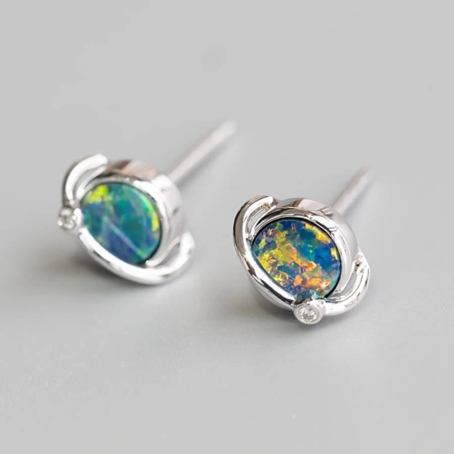 Brilliant Cut Earth Moon Design Australian Doublet Opal & Diamond Stud Earrings 18K White Gold For Sale