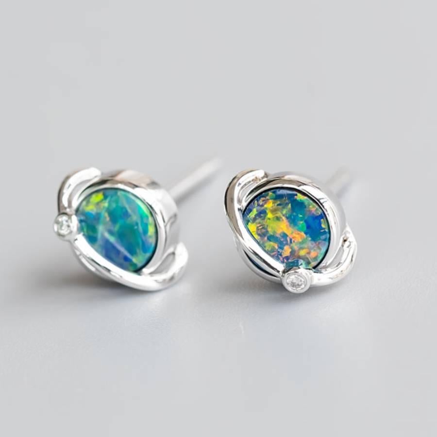 Earth Moon Design Australian Doublet Opal & Diamond Stud Earrings 18K White Gold In New Condition For Sale In Suwanee, GA