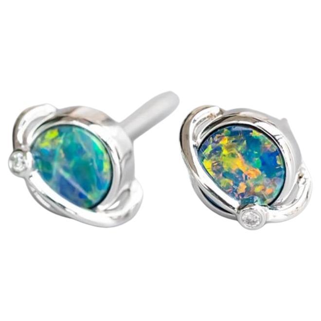 Earth Moon Design Australian Doublet Opal & Diamond Stud Earrings 18K White Gold For Sale