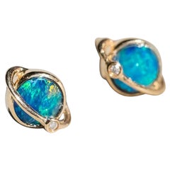 Earth Moon Design Australian Doublet Opal & Diamond Stud Earrings 18K Yellow Gol