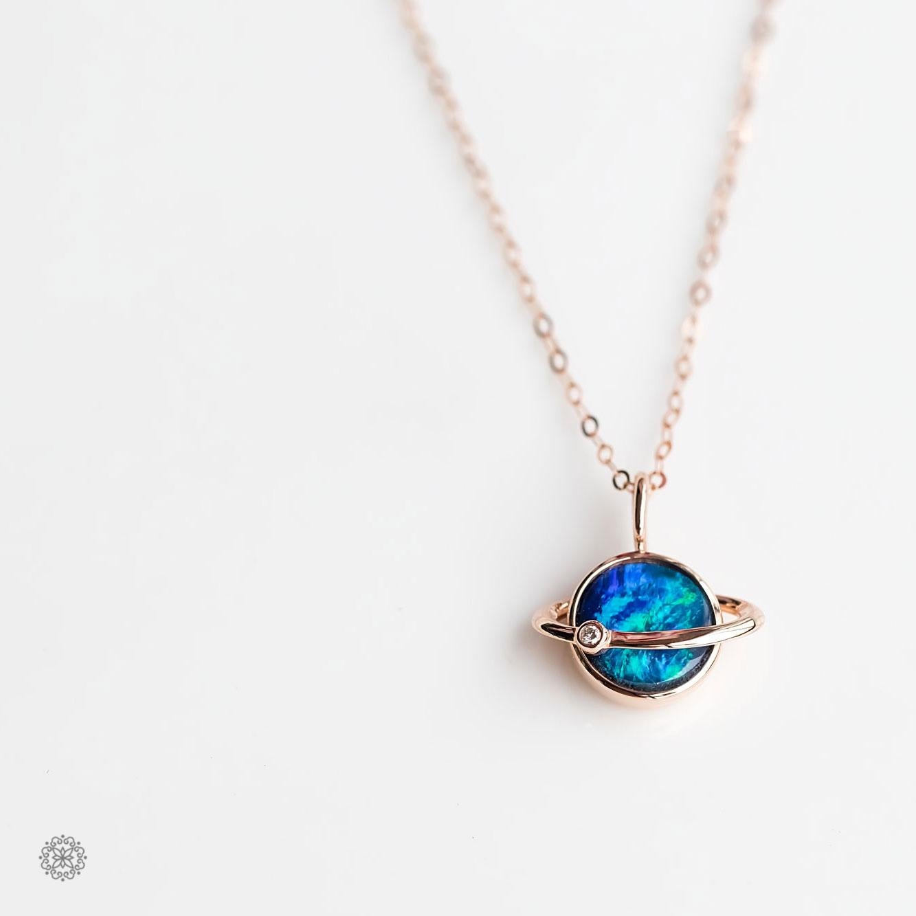 Arts and Crafts Earth Moon Design Doublet Opal & Diamond Pendant Necklace 18K Rose Gold