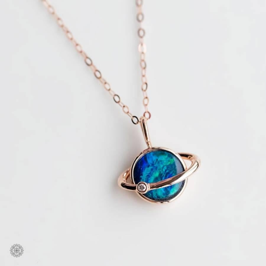 Earth Moon Design Doublet Opal & Diamond Pendant Necklace 18K Rose Gold In New Condition In Suwanee, GA