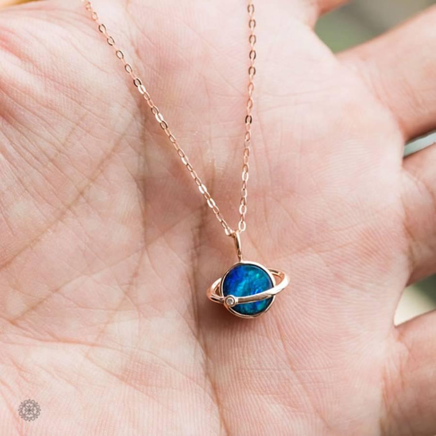 Earth Moon Design Doublet Opal & Diamond Pendant Necklace 18K Rose Gold 1