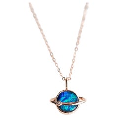 Earth Moon Design Doublet Opal & Diamond Pendant Necklace 18K Rose Gold