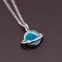 Earth Moon Design Doublet Opal & Diamond 18K White Gold Pendant Necklace