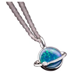 Earth Moon Design Doublet Opal & Diamond Pendant Necklace 18K White Gold