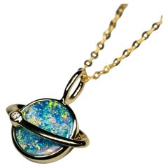 Earth Moon Design Doublet Opal & Diamond Pendant Necklace 18K Yellow Gold