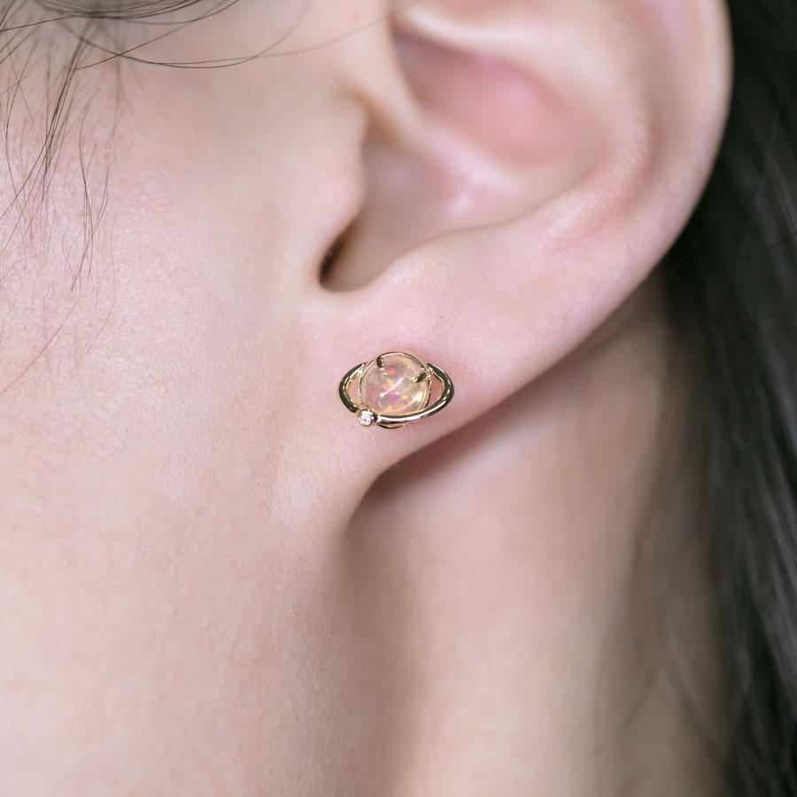 Arts and Crafts Earth Moon Design Fire Opal & Diamond Stud Earrings 18K Yellow Gold For Sale
