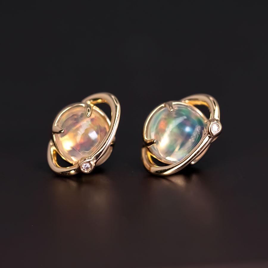 Round Cut Earth Moon Design Fire Opal & Diamond Stud Earrings 18K Yellow Gold For Sale