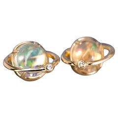 Earth Moon Design Fire Opal & Diamond Stud Earrings 18K Yellow Gold