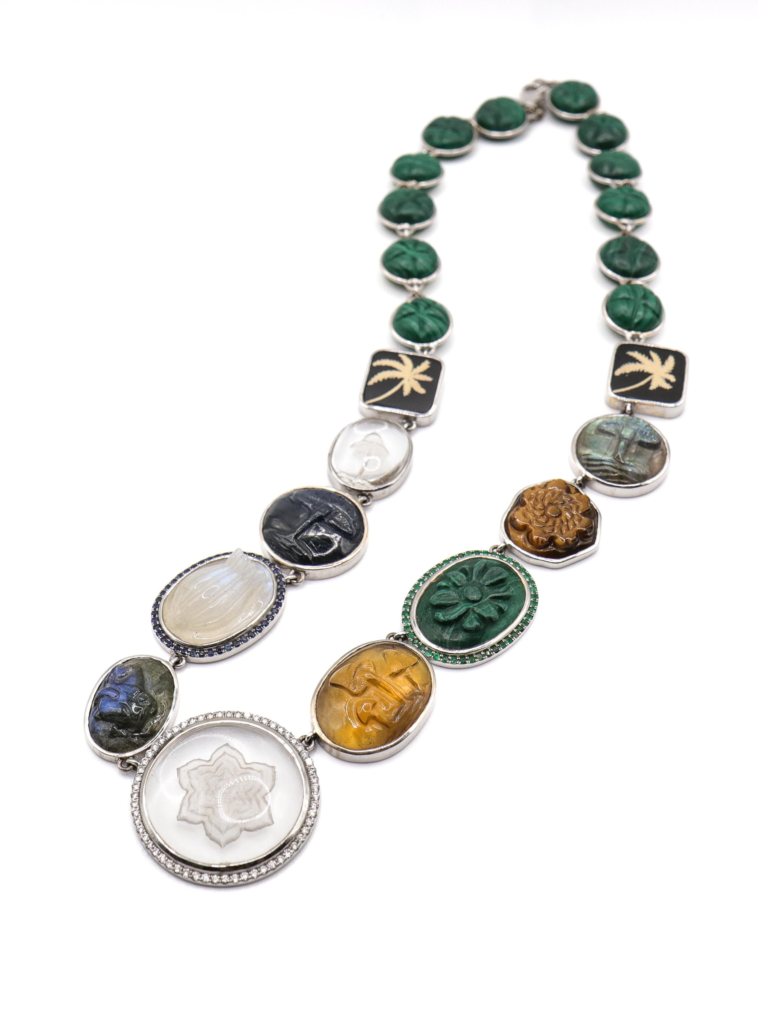 The Earth Necklace in 18K white gold is a playful mix of multi-coloured stones and diamonds that feels both bold and natural. Each gemstone is handpicked for its unique colour, creating a design that feels like a snapshot of the earth's most