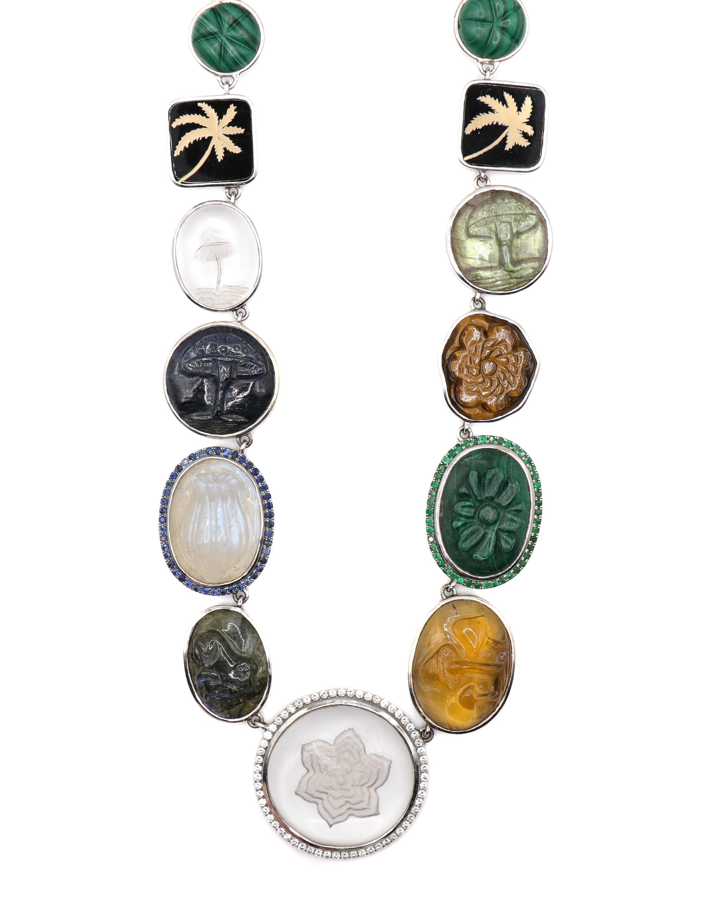 Art Deco Earth Necklace with Multi stones and Diamonds in 18k White Gold For Sale