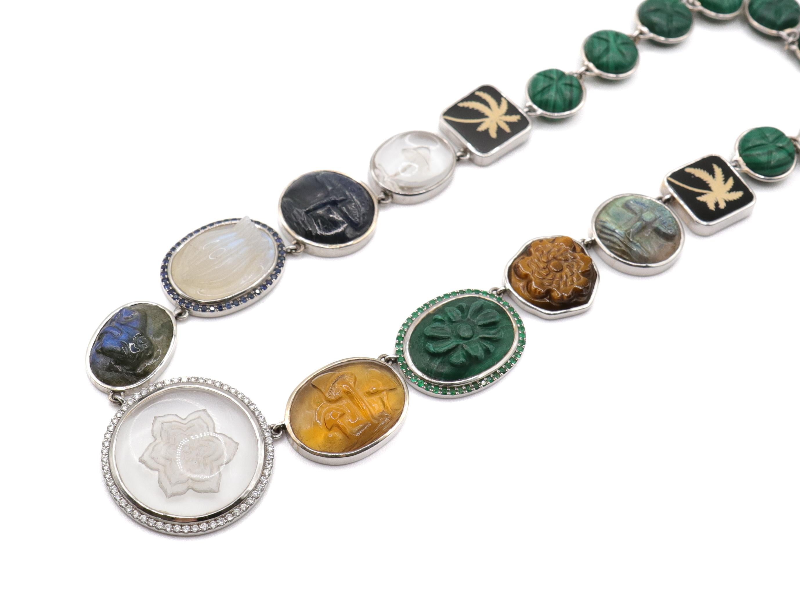 Round Cut Earth Necklace with Multi stones and Diamonds in 18k White Gold For Sale