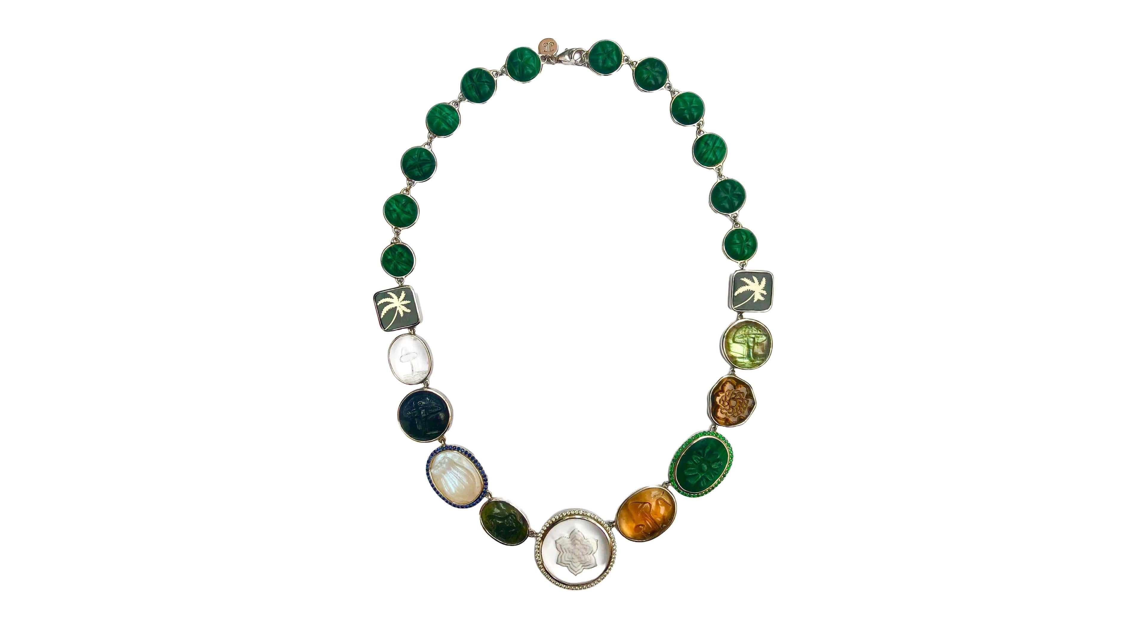 Women's Earth Necklace with Multi stones and Diamonds in 18k White Gold For Sale