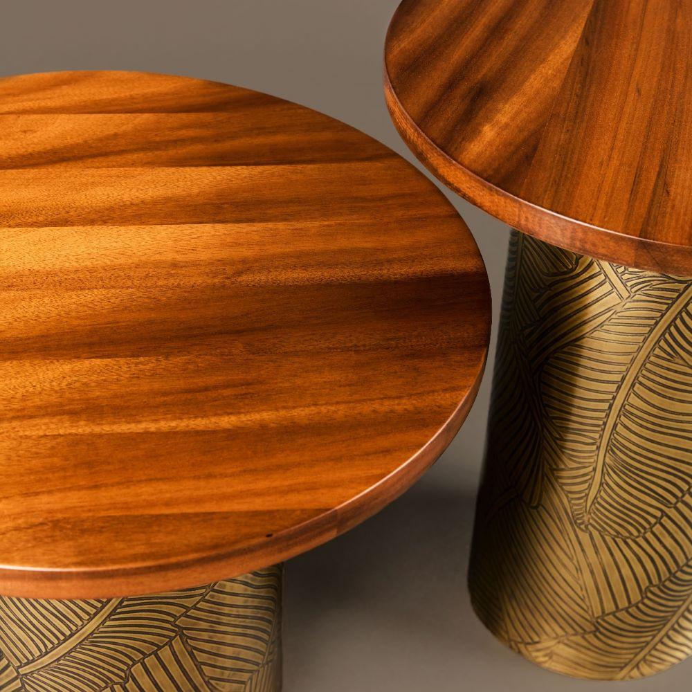 Marocain Table d'appoint Wood Wood 7A - Bois massif et laiton gravé - Ø 40 cm x H 50 cm en vente