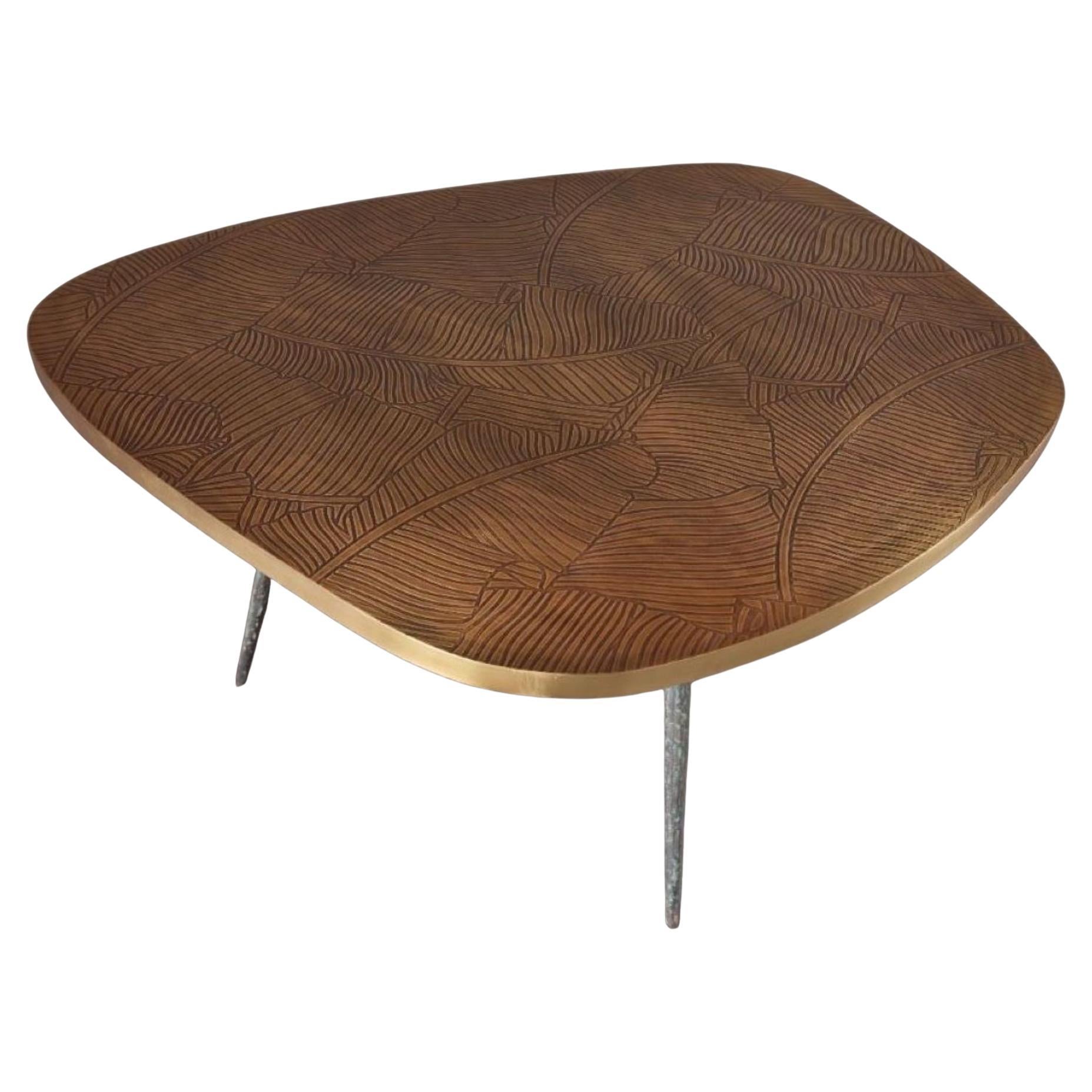 Side Table : engraved top and cast brass feet 90 x W 65 x H 45 cm