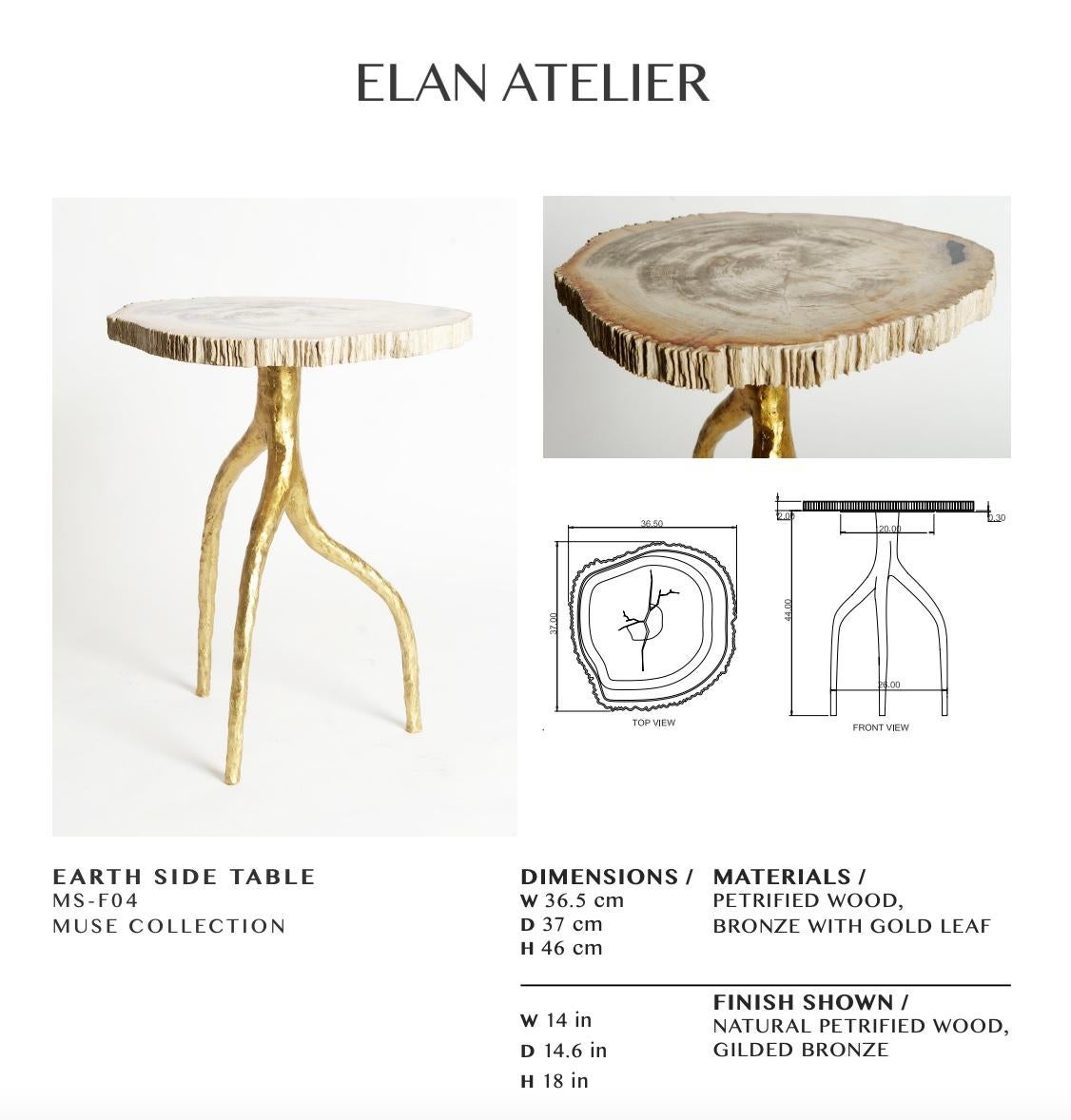 Bronze Table d'appoint Earth avec plateau en bois pétrifié et base en bronze par Elan Atelier en vente
