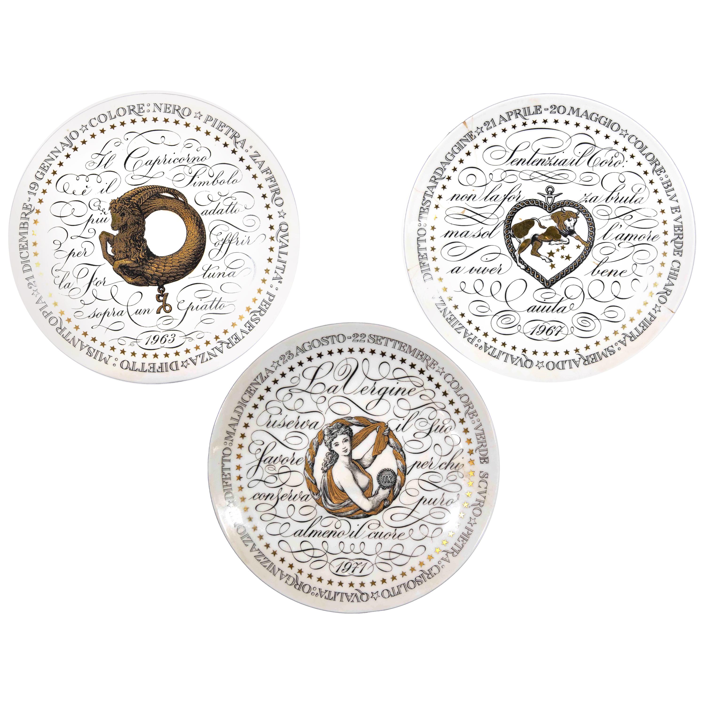 Earth Signs, Set of 3 Plates from Zodiac Plate Series by P. Fornasetti, 1965 For Sale