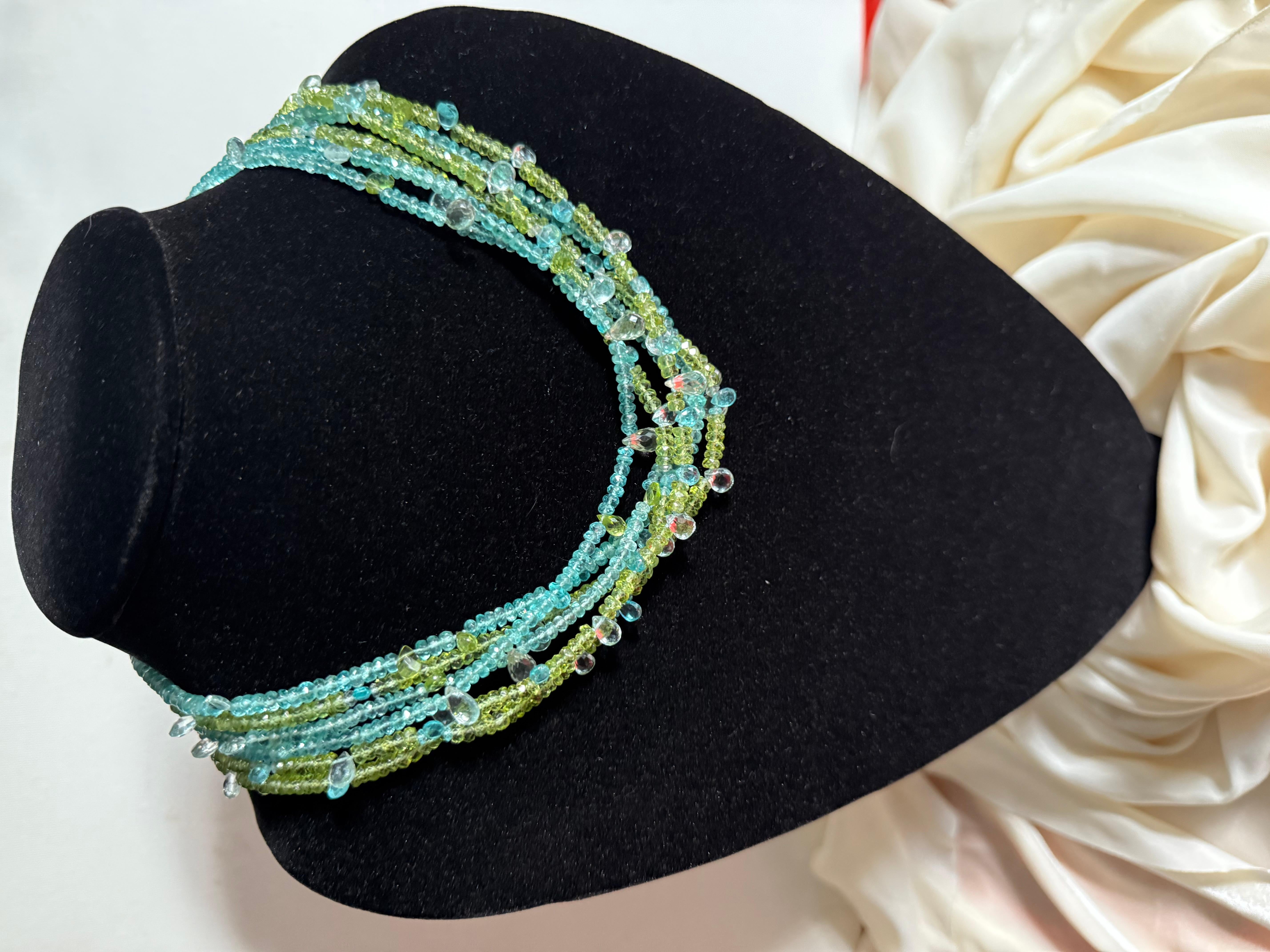 Collier ciel et gouttes de pluie - péridot vert + aigue-marine bleue en vente 1