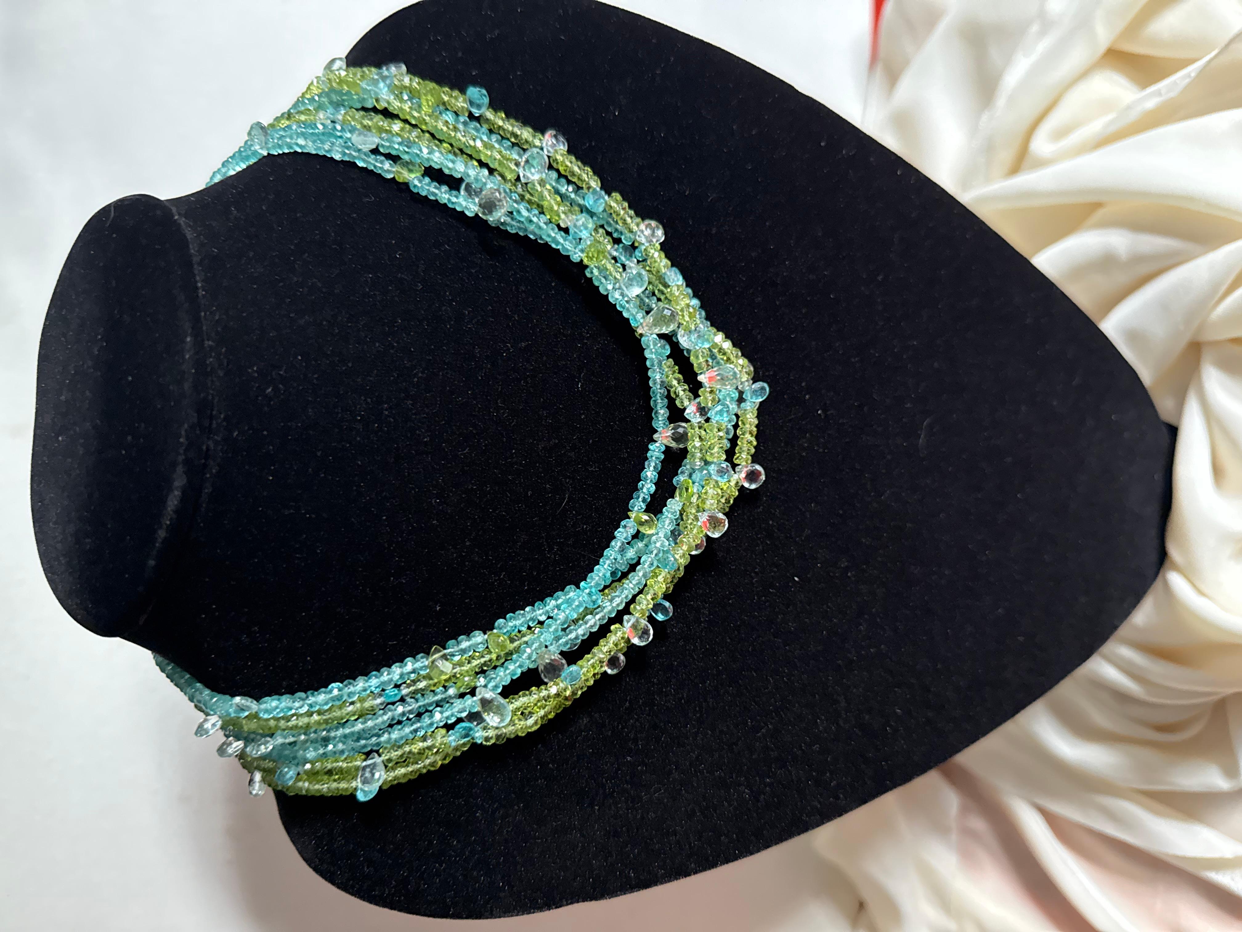 Collier ciel et gouttes de pluie - péridot vert + aigue-marine bleue en vente 2