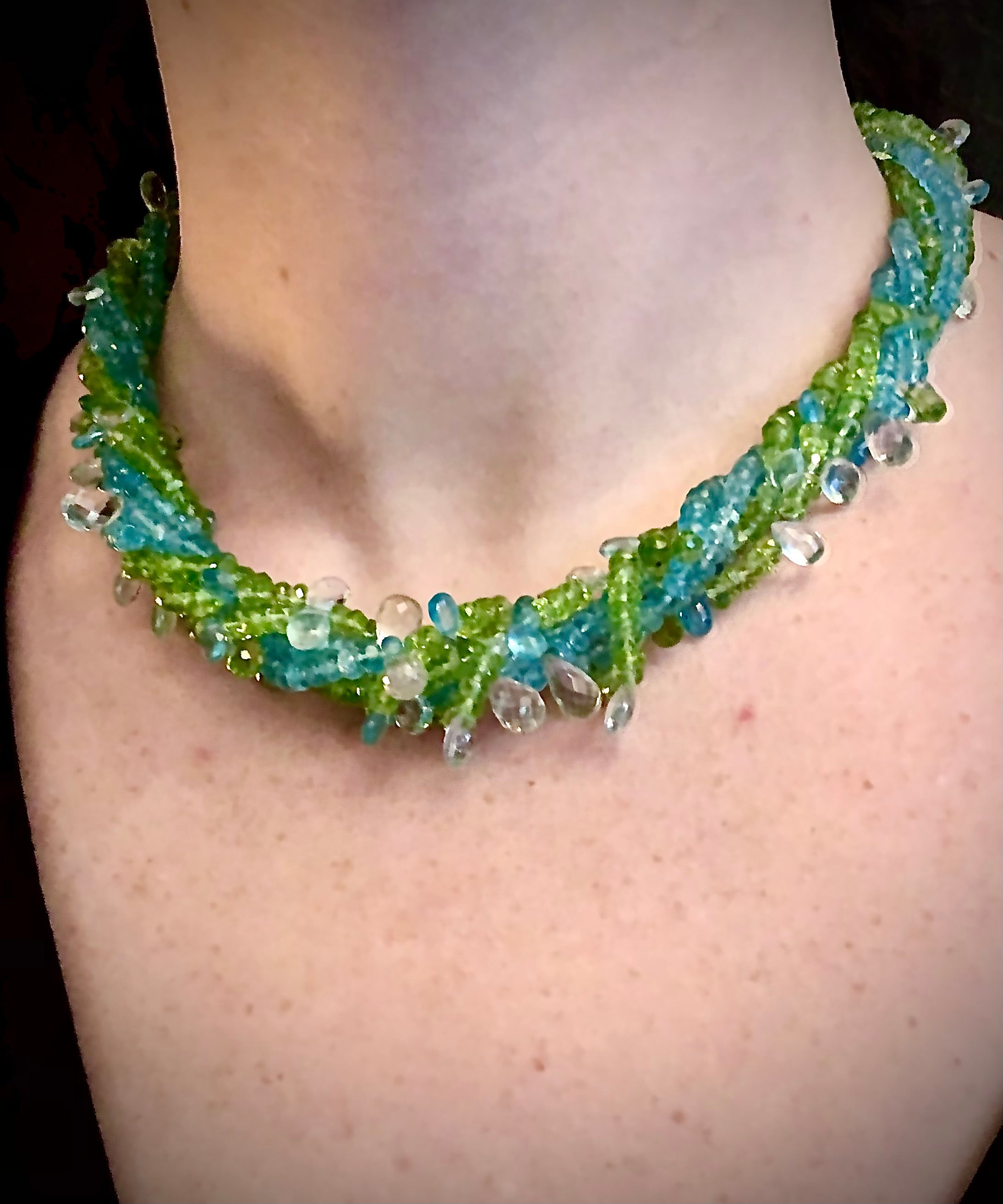 Earth Sky and Raindrops necklace - Green Peridot + Blue Aquamarine For Sale