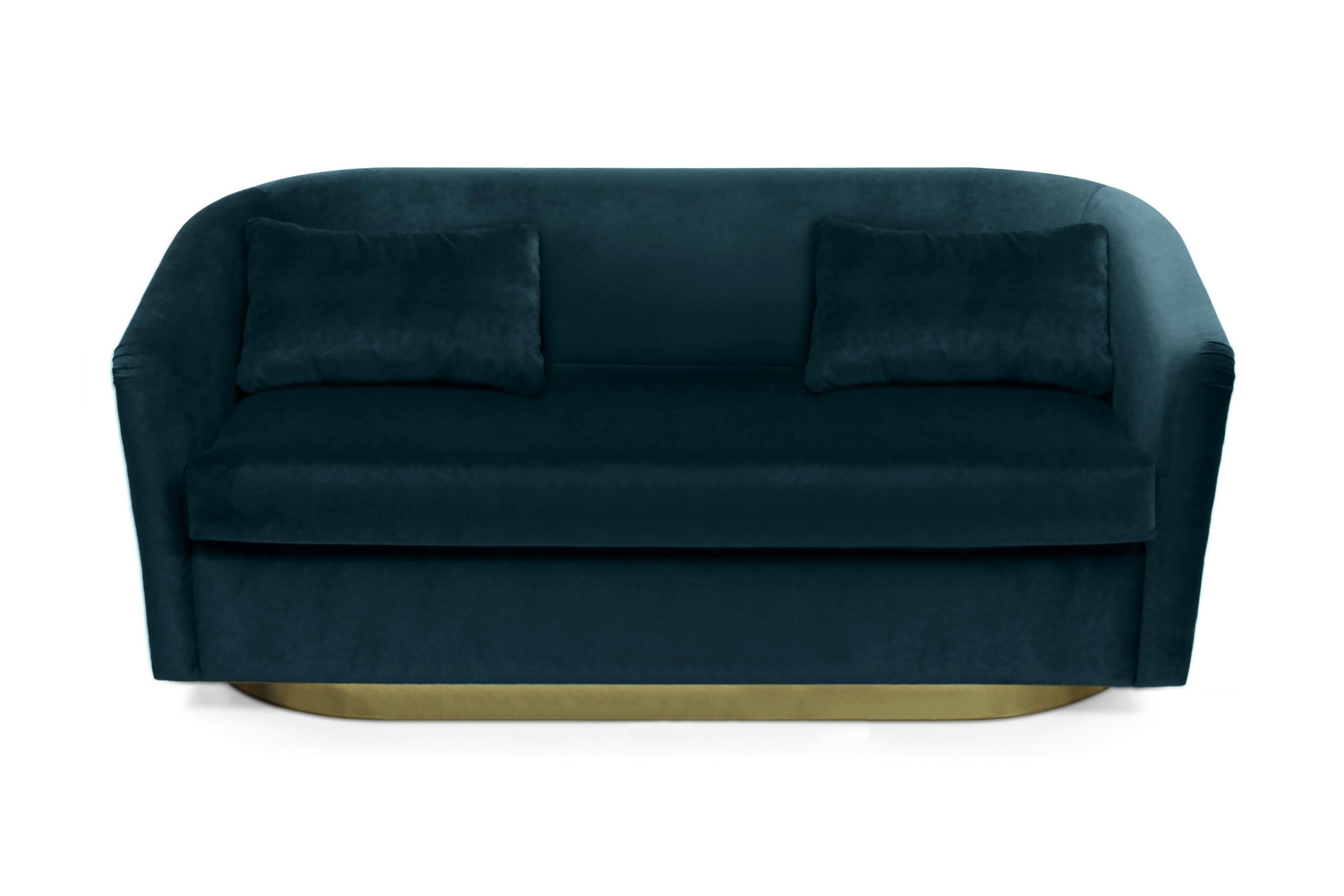 Art Deco Earth Sofa in Cotton Velvet with Hammered Brass Base For Sale
