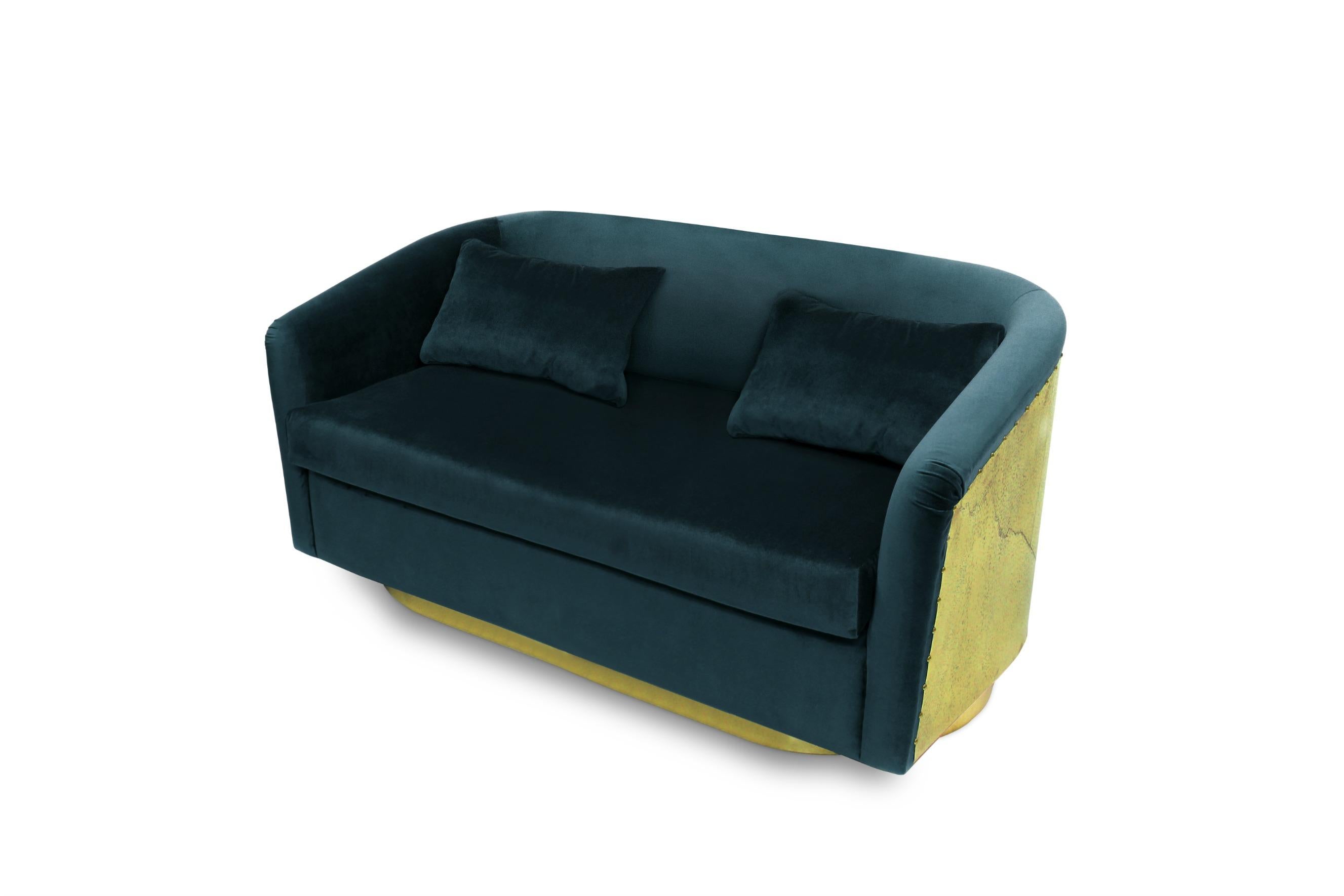 Portuguese Earth Sofa in Cotton Velvet with Hammered Brass Base For Sale