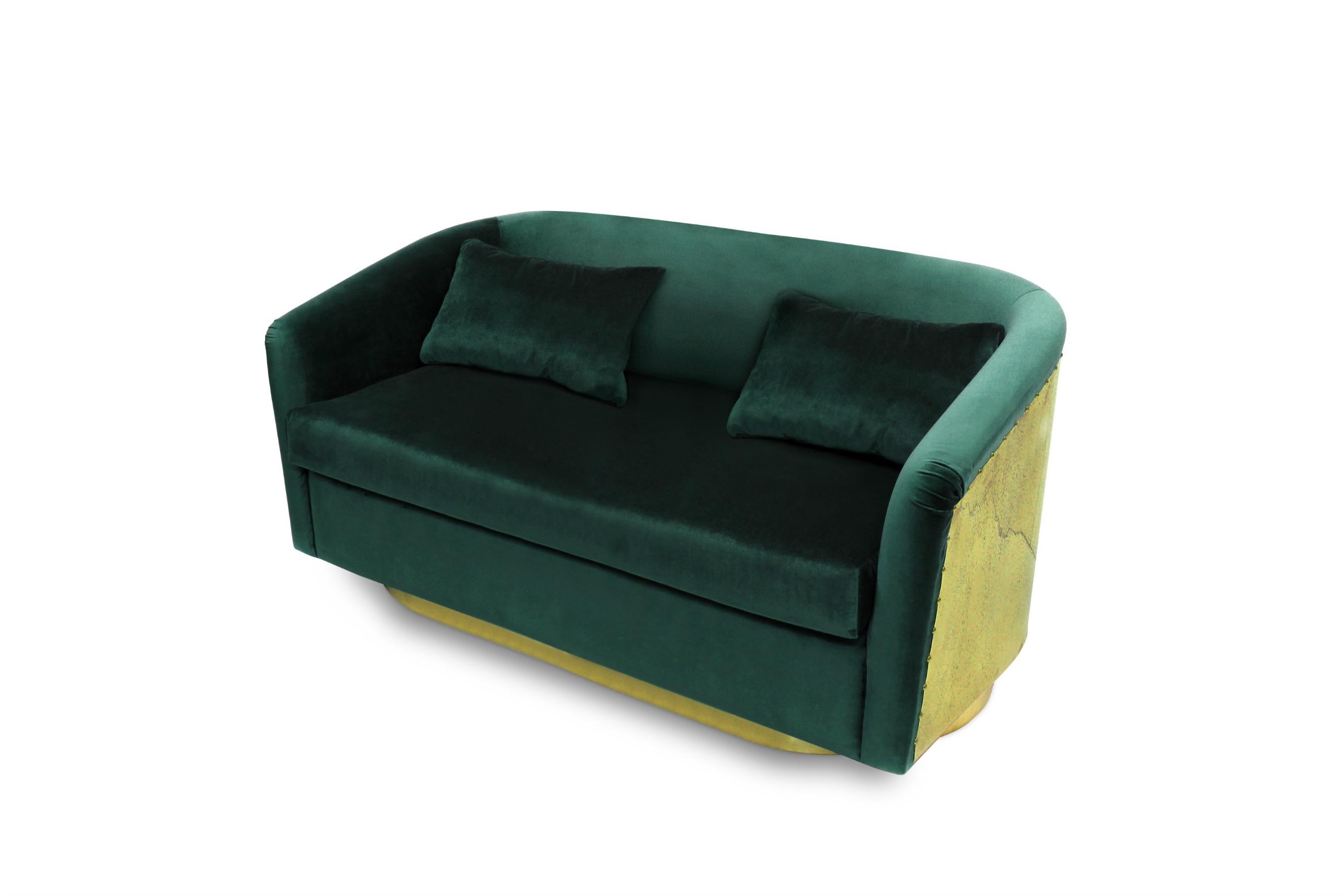 Contemporary Earth Sofa in Cotton Velvet with Hammered Brass Base For Sale