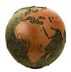 Earth Stars Globe, made of teak root, vitrail, gold paint, hammered texture 30cm