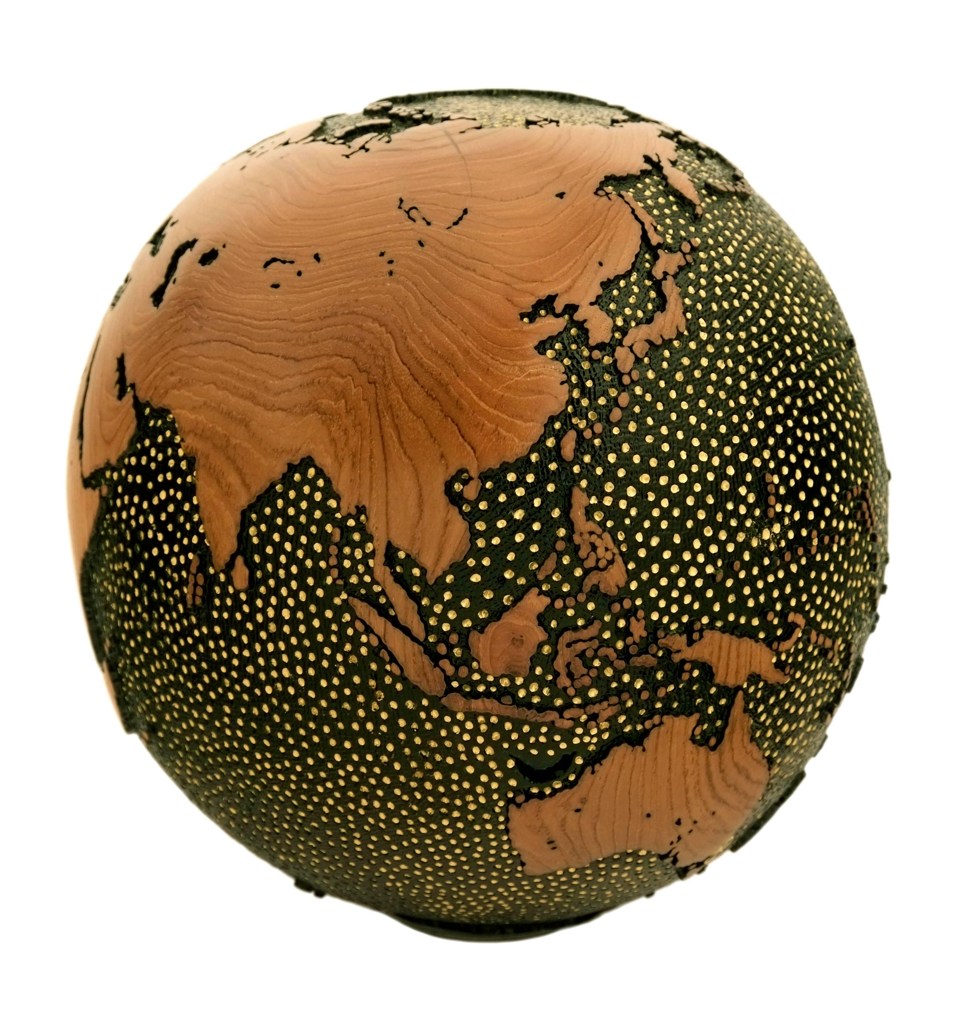 Organic Modern Earth Stars Globe, made of teak root, vitrail, gold paint, hammered texture 30cm