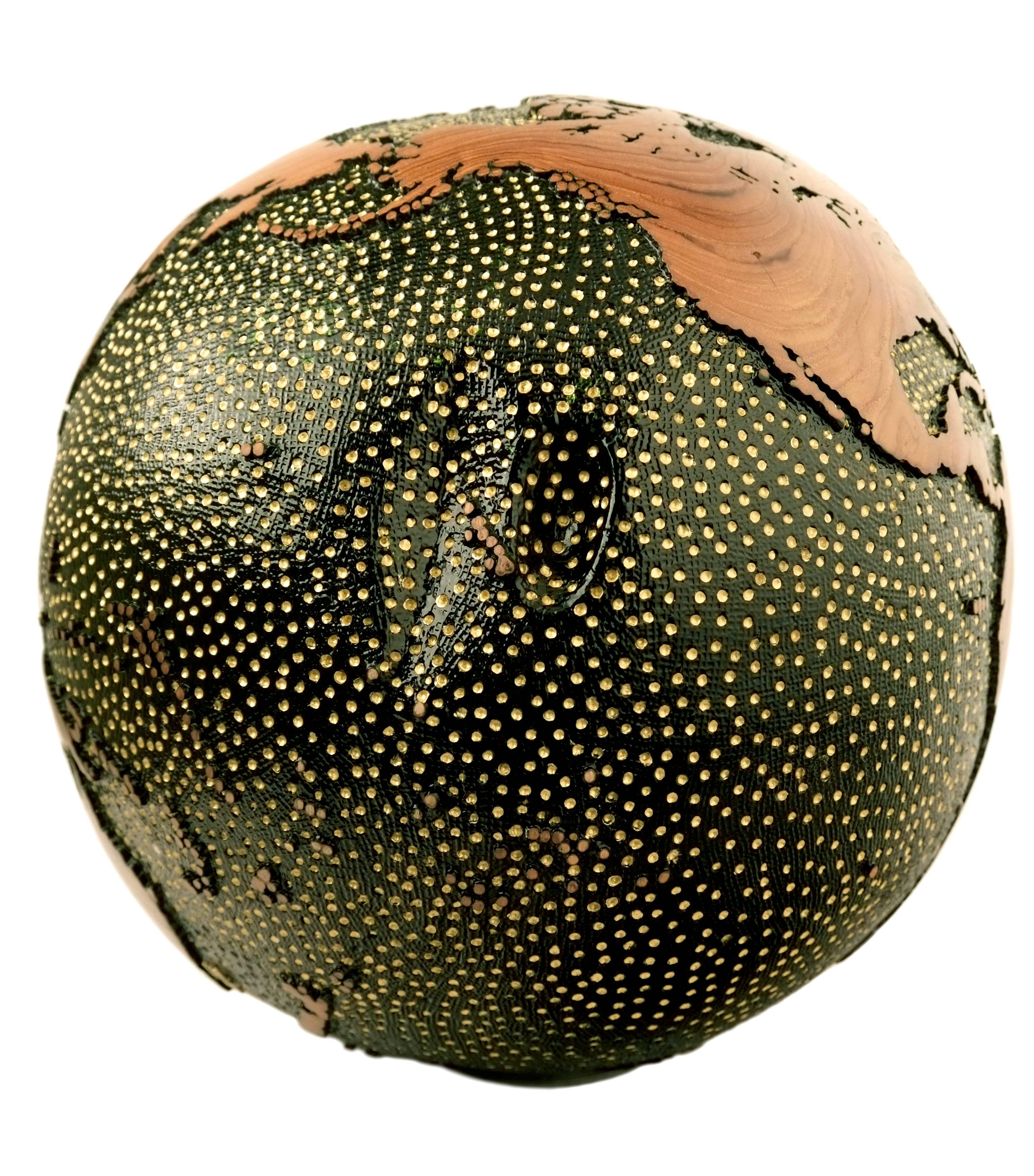 Balinese Earth Stars Globe, made of teak root, vitrail, gold paint, hammered texture 30cm