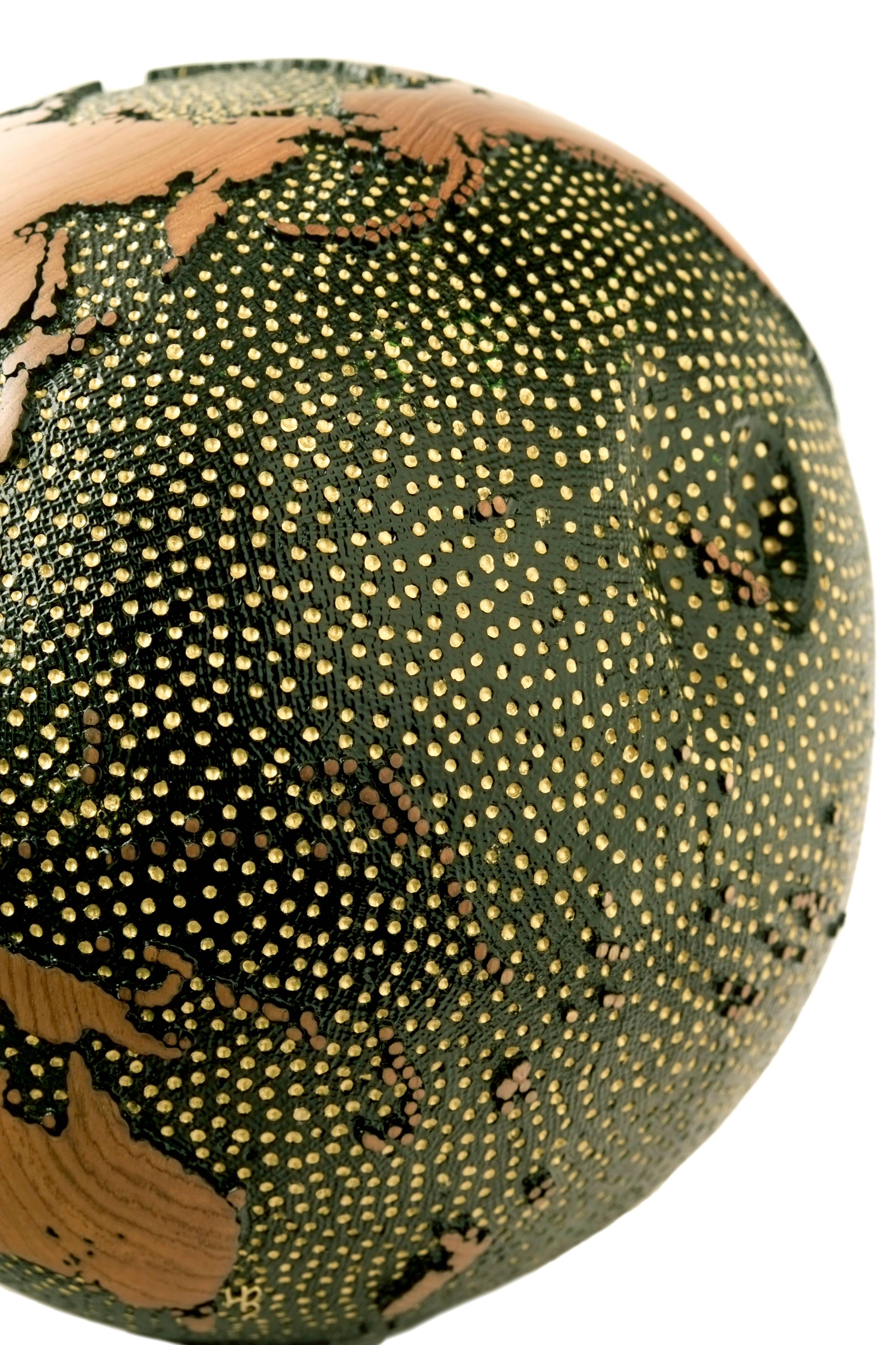 Gold Earth Stars Globe, made of teak root, vitrail, gold paint, hammered texture 30cm