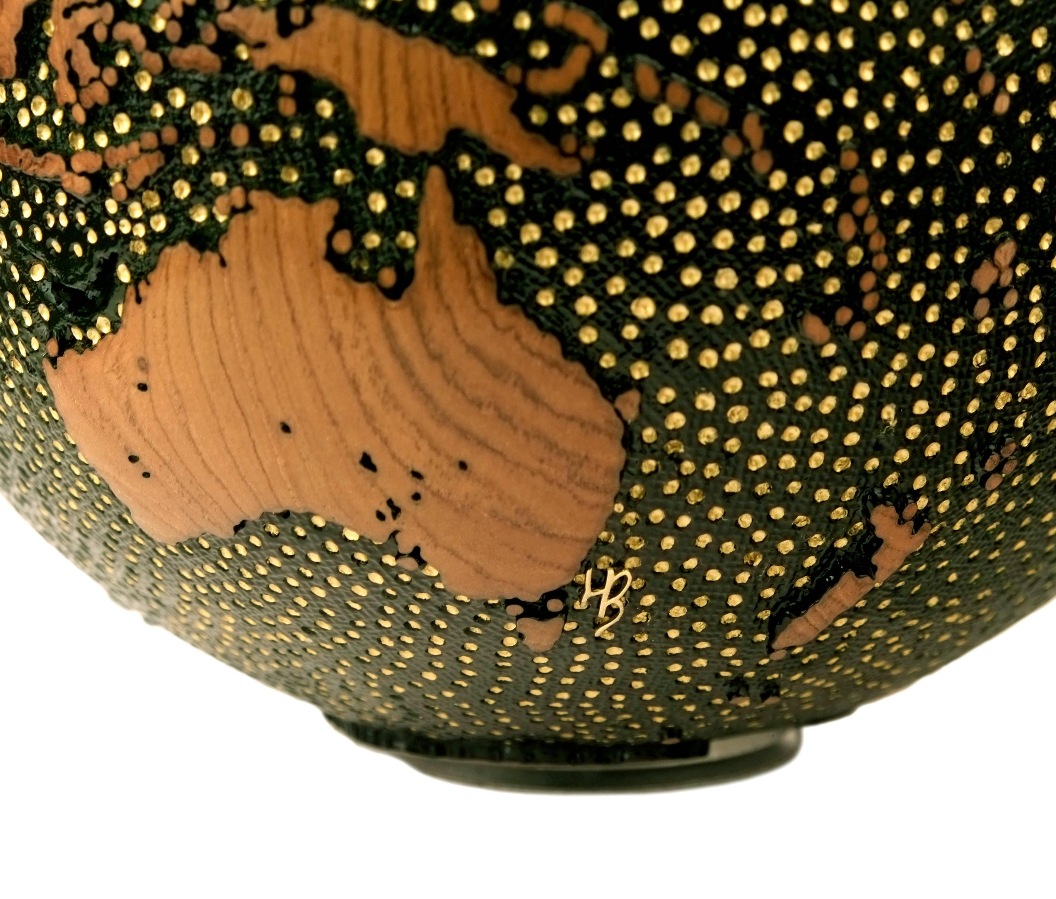 Earth Stars Globe, made of teak root, vitrail, gold paint, hammered texture 30cm 1