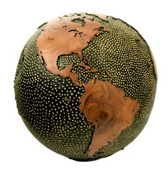 Earth Stars Globe, made of teak root, vitrail, gold paint, hammered texture 30cm