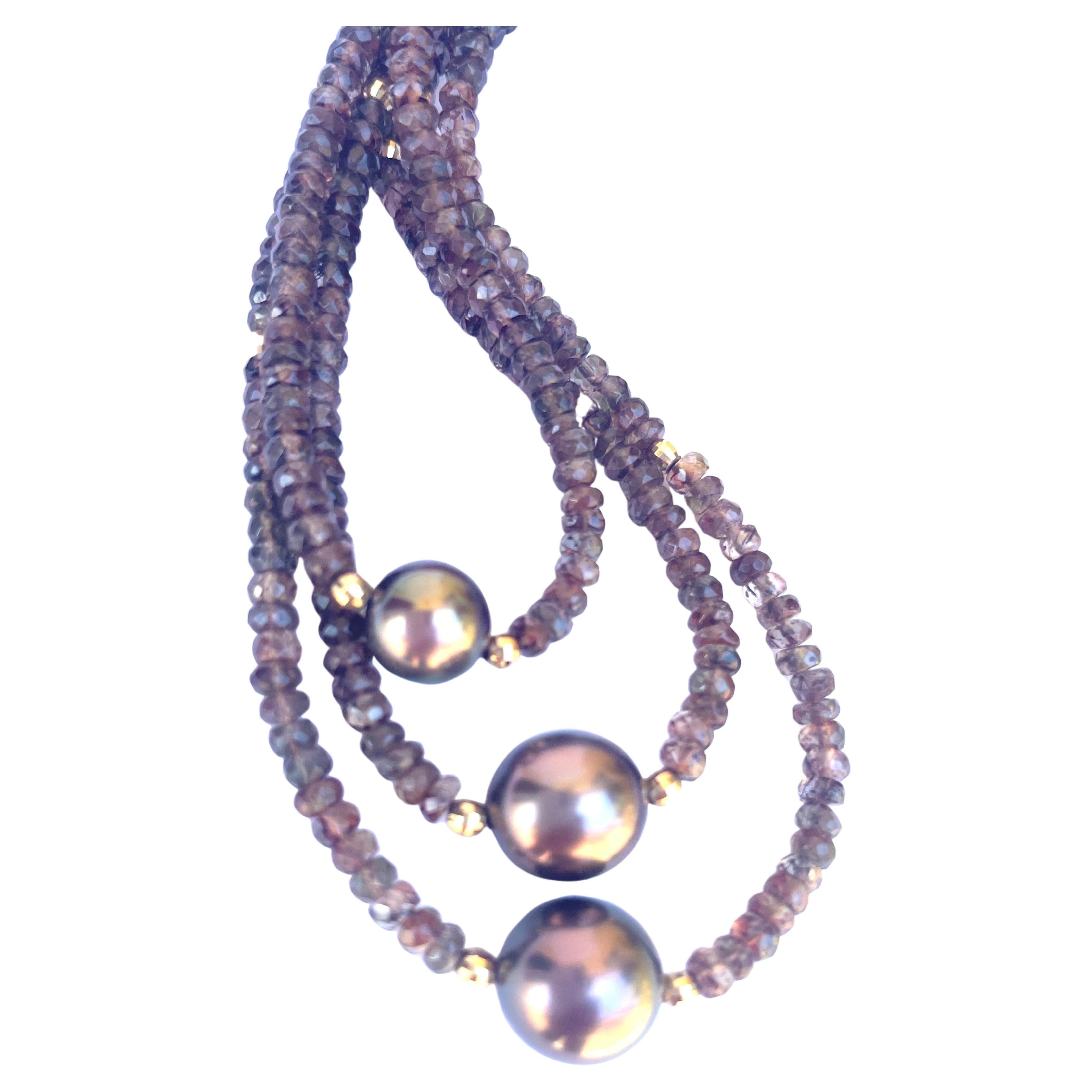 Halskette aus Erdstein Andalusit mit kupferfarbenen Tahiti-Perlen (Kunsthandwerker*in) im Angebot