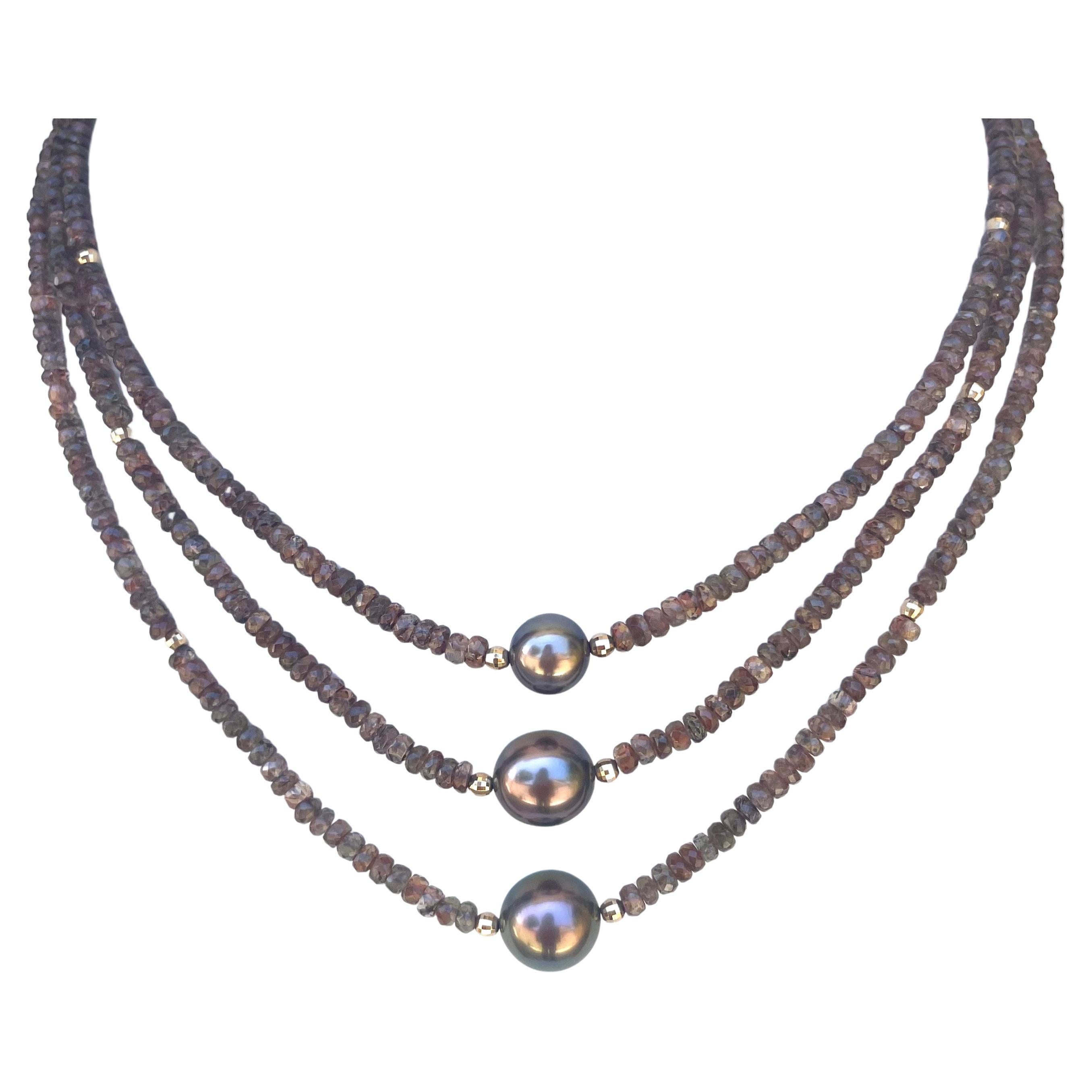 Halskette aus Erdstein Andalusit mit kupferfarbenen Tahiti-Perlen Damen im Angebot