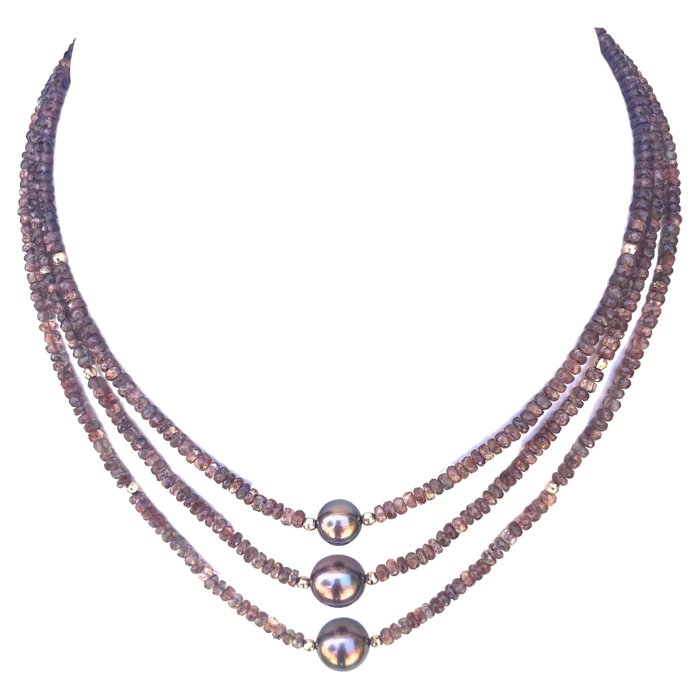 Halskette aus Erdstein Andalusit mit kupferfarbenen Tahiti-Perlen