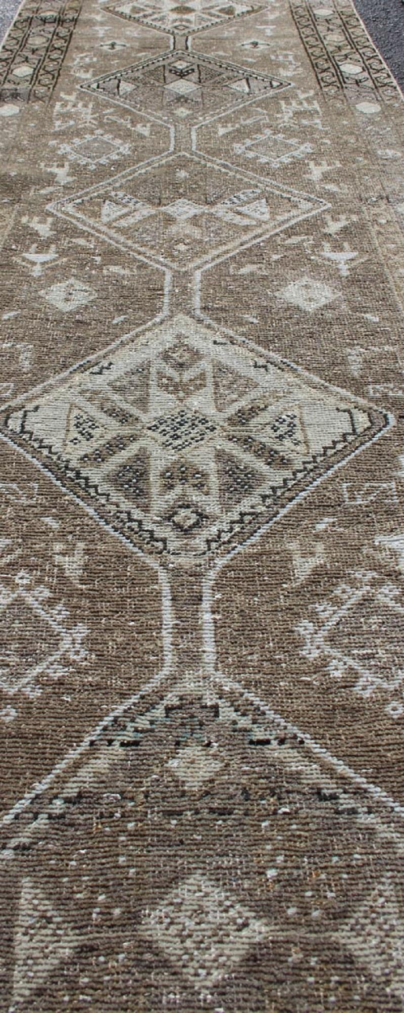 Earth Tone Antique Heriz Runner from Persia with Diamond Tribal Medallions For Sale 2