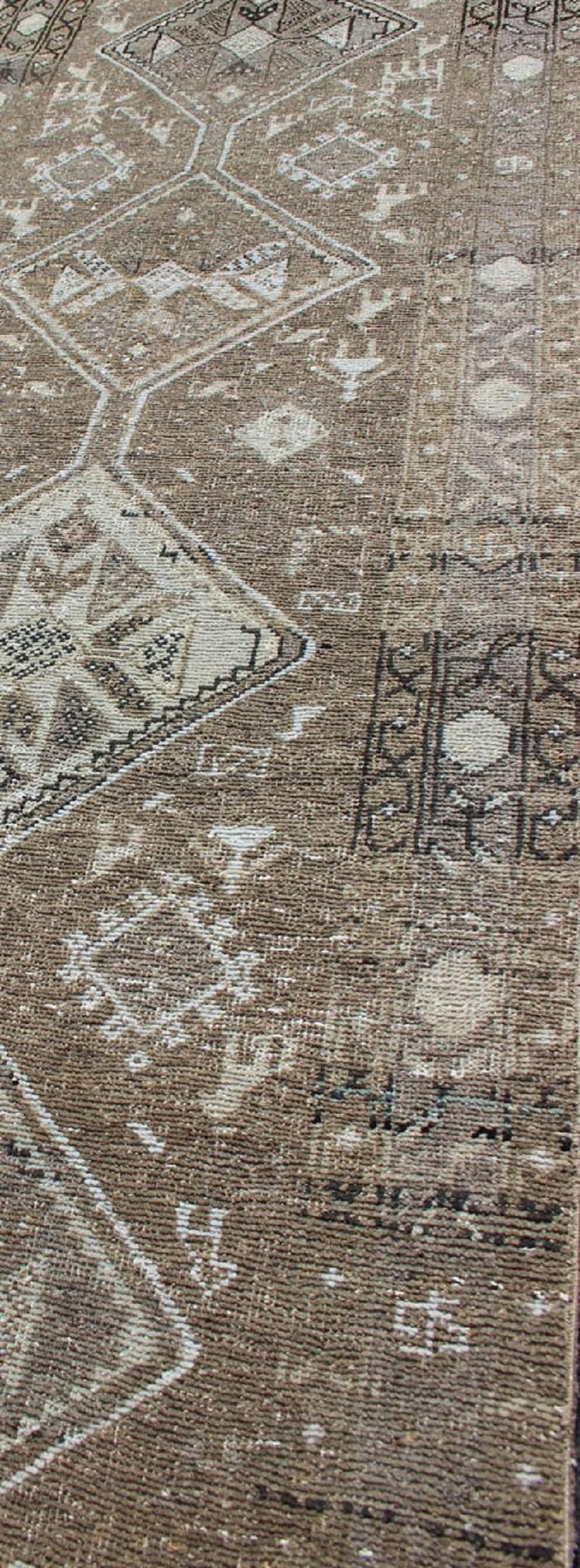 Earth Tone Antique Heriz Runner from Persia with Diamond Tribal Medallions In Good Condition For Sale In Atlanta, GA