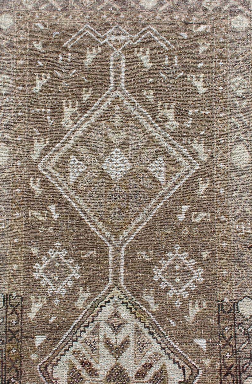 Wool Earth Tone Antique Heriz Runner from Persia with Diamond Tribal Medallions For Sale