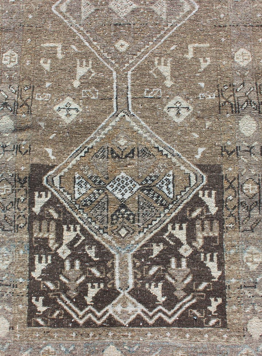 Earth Tone Antique Heriz Runner from Persia with Diamond Tribal Medallions For Sale 1