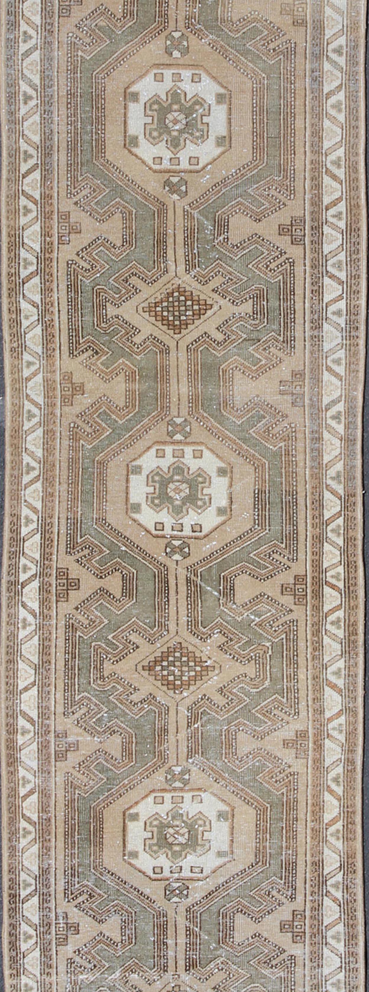 Tribal Earth-Tone Antique Persian Serab Runner with Geometric-Style Medallions For Sale