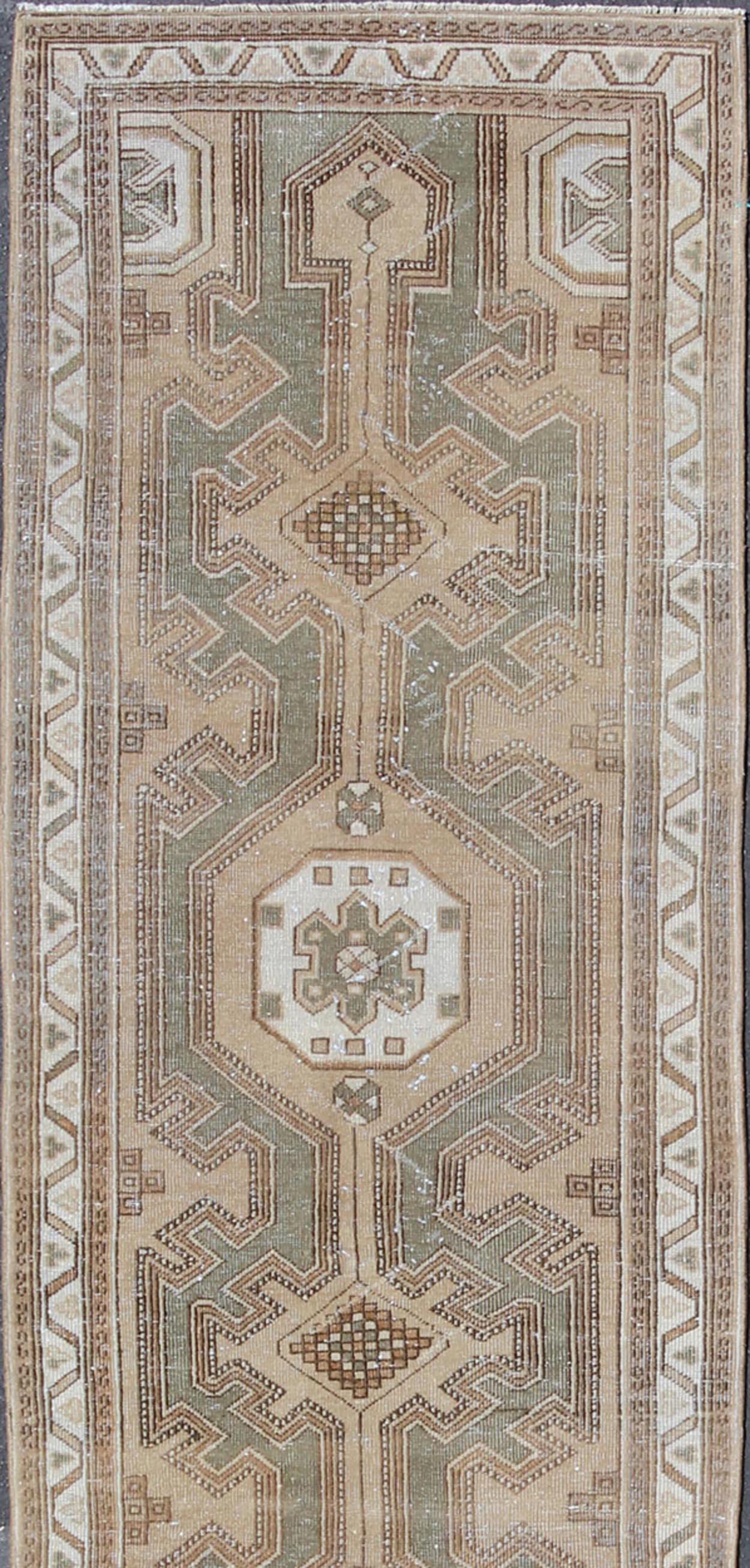 Hand-Knotted Earth-Tone Antique Persian Serab Runner with Geometric-Style Medallions For Sale