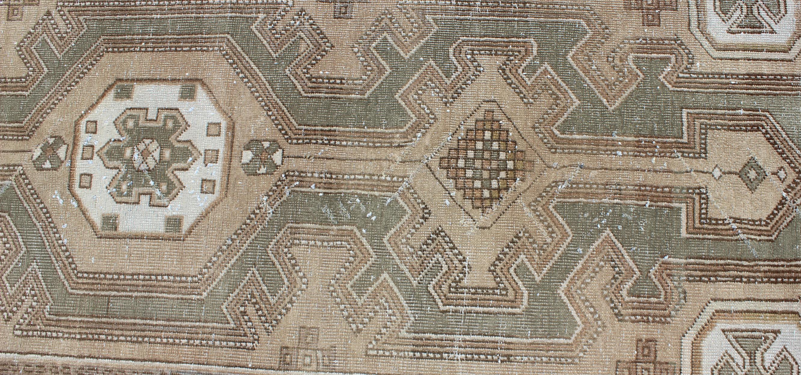 Wool Earth-Tone Antique Persian Serab Runner with Geometric-Style Medallions For Sale