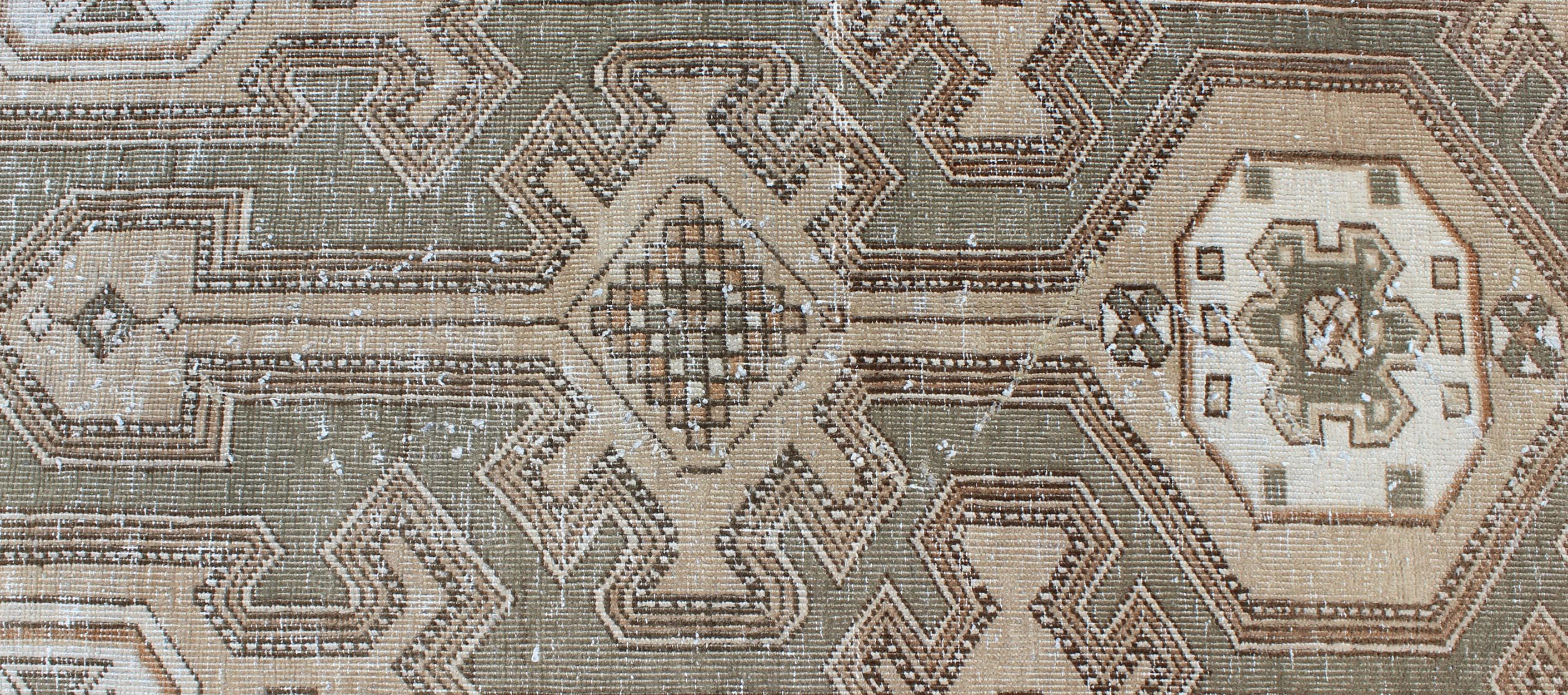 Earth-Tone Antique Persian Serab Runner with Geometric-Style Medallions For Sale 1