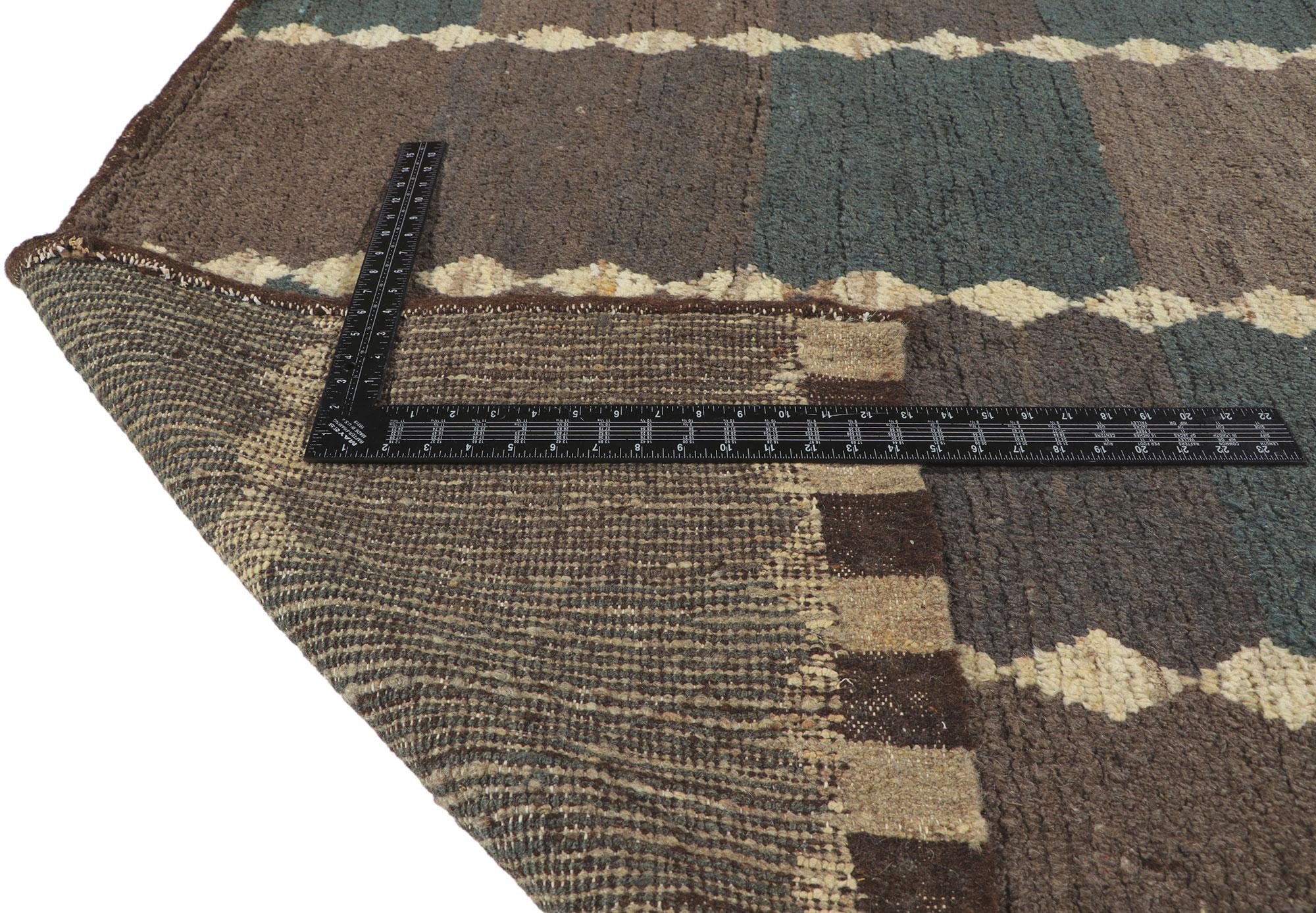 Hand-Knotted Earth-tone Checkered Moroccan Rug, Masculine Appeal Meets Midcentury Modern For Sale