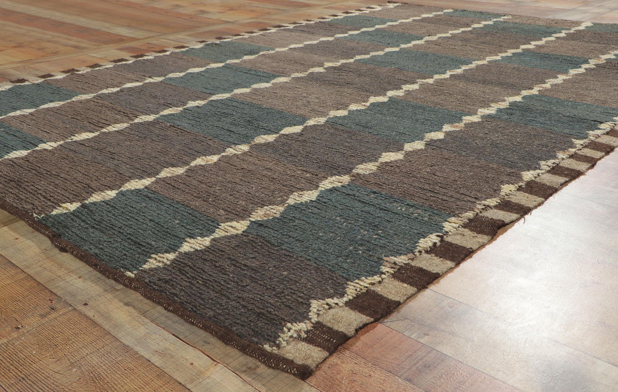 Contemporary Earth-tone Checkered Moroccan Rug, Masculine Appeal Meets Midcentury Modern For Sale